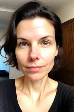 A selfie of a brunette woman, middle short hair taken after massage at spa salon. showing attractive 27-year-old European woman. She has white skin, tousled black hair, pretty face without makeup, big round brown eyes, cute profiled nose, detailed full lips, skin texture.