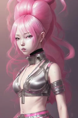 Detailed cute anime Kunoichi girl, pink hair buns, pink bangs, black latex bodysuit, intricate details, full body portrait, keep head in frame, slight smile, black Japanese motif, concept art, highly detailed, digital painting, concept art, sharp focus, illustration, art by Yoji Shinkawa, WLOP and greg rutkowski and alphonse mucha and artgerm and yanjun Chen and Junji ito and Makoto Shinkai, HDR, octane render