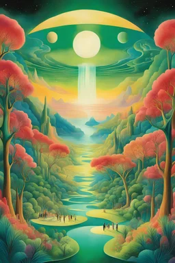 breathtaking illustration of a surrealist scene like a dream in the style of art deco and Salvador dali, a concert in the green , strange alien band, vivid colours, is an lsd escene, (illustration:1.3), masterpiece, breathtaking illustration, natural beauty