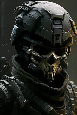 A soldier in the game Titan Fall 2 , he wears a BLACK skull helmet that covers his face, the helmet looks like a skull and is black, he is a rifleman, and his callsign is Titan. His colors are black and dark olive