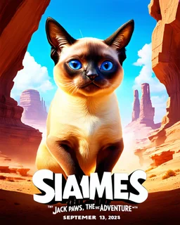 Create a realistic movie poster for 'Siamese Jack the Krack' featuring a siamese in an adventurous setting, with futuristic elements, dramatic lighting, and the tagline 'Tiny Paws, Epic Quests: Unleash the Adventure with Siamese Pete!' with a release date of September 13, 2024