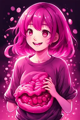 A detailed illustration Anime girl smiling crushed inside really darkpink fleshy stomach filled with digestive juices, t-shirt design, fantasy art, bokeh, Adobe Illustrator, hand-drawn, digital painting, soft lighting, focused on the character, vector logo, vector art,