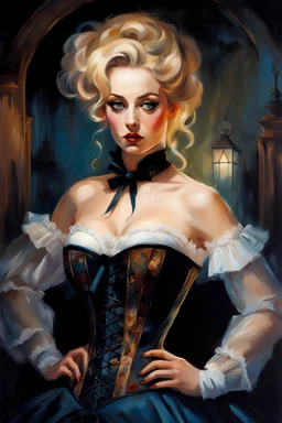 Blonde Thin curvy Scandinavian Woman 30yo, Big Eyes, Long Eyelashes, Eyeshadow in a victorian corset dress by Gil Elvgren and Alex Ross and Carne Griffiths, detailed painting with dramatic shading, at night