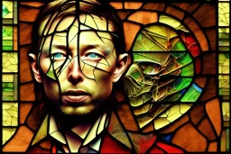 Thom Yorke's face stained glass window,panel, lead caming, medieval stained glass