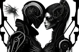 Couple biomécanique Cyberpunk. noir et blanc très détailler Dessiné par H.R Giger en noir et blanc HD 4K 8K