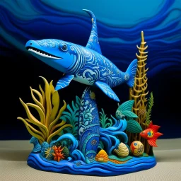 A blue coral reef with a water guardian shark designed in Hawaiian tikis painted by Georges Seurat