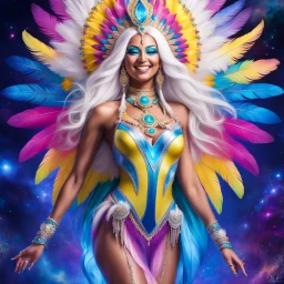 full body photorealistic portrait of a beautiful smiling amazonian carnival spiritual goddess with long parma white hair, colorful feathers tight hips with a tron like body suit tribute to the galaxy in a cosmic surounding only blue , pink and yellow, crystal jewels