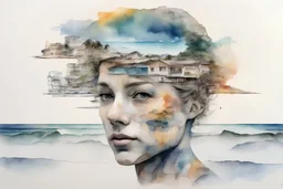 Beach, head, state, portrait art with explication application, watercolor and pen, layered structures, double exposure, combined products and pencil