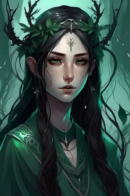 Young beautiful female Hexblood Warlock, long dark brown-black hair styled in elegant half-braids, glowing pale emerald-green eyes, delicate facial features. Thin twisted black thorn-like branches grow naturally from one side of her head, weaving seamlessly through her hair like an eerie crown, with tiny dark leaves and vine-like roots blending into her scalp. Faint dark vine markings trail along her neck and collarbone. Dark fantasy, realistic, cinematic, highly detailed.