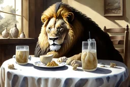 Lion sitting at a table eating garlic bulbs and drinking milk. Highly detailed, smooth colours, realistic landscape. Aquarell