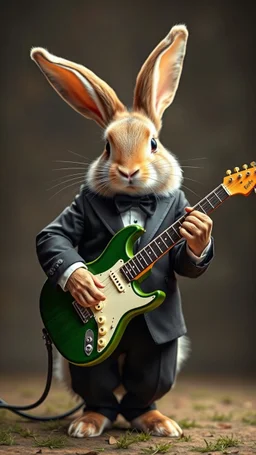 A rabbit wearing a tuxedo and wearing plying an electrical guitar