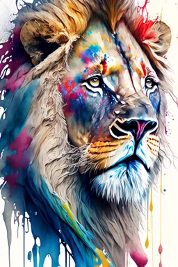 "lion", clean design, art station, splash of colorful paint, contour, ((solid white background)), gazing into camera, hyperdetailed intricately detailed, unreal engine, fantastical, intricate detail, splash screen, complementary colors, fantasy concept art, 8k resolution, DeviantArt masterpiece, watercolor, paint dripping