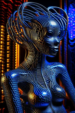 black wire hair connected to wall, chrome chat robot cat woman smiling online in the style of escher and giger, spray paint, photo realism, trending on art station, 8k, depth of field, down light, light rays, volumetric, reflective spiral staircase, blue, brown and orange