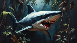 A menacing shark lurks in the shadows of a desolate jungle, its sleek form a stark contrast to the tangled foliage around it. With razor-sharp teeth gleaming and powerful muscles rippling beneath its dark skin, the predator fixates on an unseen prey. This vivid and captivating scene is depicted in a stunningly detailed oil painting, expertly capturing the intensity of the moment. The artist's intricate brushwork brings the jungle and its dangerous inhabitant to life, creating a visceral experien