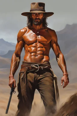 Full Color - Extremely muscular The Outlaw Jose Wales, in the style of 18-year-old Clint Eastwood, Boris Vallejo, Frank Frazetta, 4k, 8k, 16k, 32k. 100k UHD, ultra hyper resolution, extremely detailed, hyper-realistic, photorealistic, Realism Engine, EpicPhotoGasm, Realistic Vision V51, Realistic Stock Photo, ProtoVision, Realism Engine, RealVis XL, Zavy Chroma XL, RealVisXL v4, Realistic Vision V5.1, AbsoluteReality v1.8.1, 100k Super UHD professional quality photograph, full body portrait,