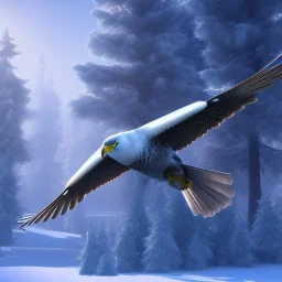 bird of prey, feathers, extremely sharp detail, finely tuned detail, ultra high definition, 8k resolution, dynamic lighting, unreal engine 5, ultra sharp focus, winter landscape, background trees