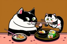 Cute cat is eating sushi. Manga style