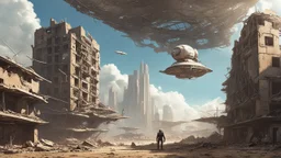 A small, wide, squat Spaceship in a ruined alien city, surrounded by tall damaged buildings, clear blue sky, small white clouds, photorealistic