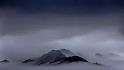 misty foreground and night sky, no sun, single narrow mountain peak coming through the mist