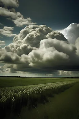 A landscape photograph of a field with puffy dreamy cloudscape above. If you look twice, a portion of The clouds makes an image of a face, barely noticeable and blending in with the clouds around. The face appears to be sad and crying, forming a raincloud and spilling onto the earth below tears in the form of rainq@@!?+3 hhhffrwe1r1ewhnfjfwfrjwrqhmhngmjfhfgf1teqr1