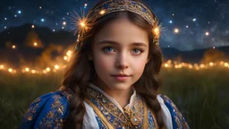 little very young Bulgarian girl, beautiful, peaceful, gentle, confident, calm, wise, happy, facing camera, head and shoulders, traditional Bulgarian costume, perfect eyes, exquisite composition, night scene, fireflies, stars, Bulgarian landscape, beautiful intricate insanely detailed octane render, 8k artistic photography, photorealistic concept art, soft natural volumetric cinematic perfect light, chiaroscuro, award-winning photograph, masterpiece, Raphael, Bouguereau, Alma-Tadema