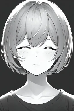 short hair girl, closed eyes, close-up, greyscale