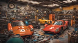 Officina di auto da corsa, emozionante, fantastica sgangherata officina di magia magica, diverse vecchie auto da corsa colorate smontate per riparazioni, motori, olio, ruote, telaio, ingranaggi, sedili, sterzo, freni, strumenti meccanici colorati e intricati, ingegneria straordinaria, fotografia pluripremiata, estremamente dettagliato, bellissima composizione, capolavoro, fotorealismo, luce volumetrica naturale morbida e perfetta, chiaroscuro, Heath Robinson, Escher, Disney, Pixar