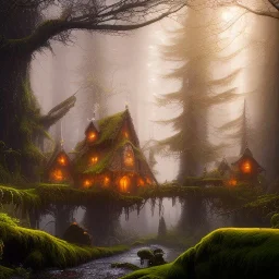 fantasy forest with houses tiered on ramps covered with thick moss, flickering light, 8k resolution, high-quality, fine-detail, intricate, digital art, detailed matte, volumetric lighting, illustration, octane render, George Grie, Ben Goossens, Igor Morski, brian froud, howard lyon, selina french, anna dittmann