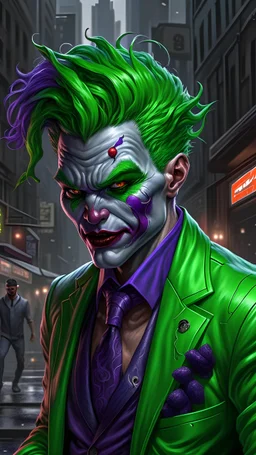 masterpiece, best quality, high details, highres, ((ccurate)) , Joker's twisted transformation into the Hulk, chaotic and unpredictable, green-skinned with wild purple hair, torn purple suit, a maniacal expression on his face, smashing through the city with his immense strength, fujifilm, trending on artstation,