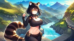 girl on the bridge,open navel, black hair, orange eyes, river, mountain,collar on neck, raccoon ears, raccoon tail, (2: big breasts)