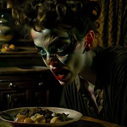 Strong texture, photorealism, Caravaggio, Egon Schiele. Intricate patterns, hypermaximalist. Photo made of inside house, an eerily mysterious, hidden and odd person is eating, a witchy house, sober style, pastel colors. Movie shot, spooky. Sinister scribbles, 33mm photography. Beasts