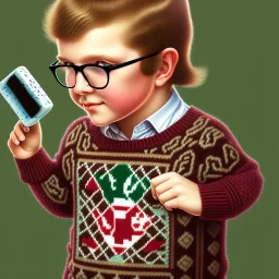 peter billingsley chubby kid with glasses, holding a ((Dark red))soap bar, ((brown))argyle sweater