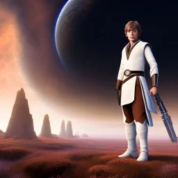 model shoot style, digital art portrait of (young Luke Skywalker) ((dressed in jedi tunic)), surrounded by 100 planets, ultra-detailed, ultra quality illustration, eerie atmosphere, 8k, cinematic lighting