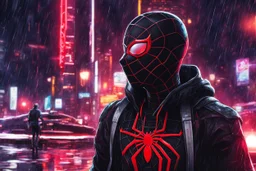 Miles morales in 8k nier automata drawing style, Carnage them, cinematic mood, neon effect, close picture, rain, highly detailed, high details, detailed portrait, masterpiece,ultra detailed, ultra quality