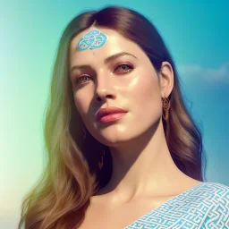 One beautiful portrait of on woman goddess of love and compassion beautiful with lot's of grain on her skin, blue eyes, with natural hair floating in the wind smiling facing camera, dress with celtic shapes and patterns, mystic, spiritual, mantra background, orange color scheme, high key lighting, volumetric light high details with white stripes and feathers unreal 5, octane render, cinema4d, dynamic lighting, dramatic lighting, 4k, redshift render, highly detailed, hyper realistic, sunset