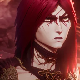 Barbarian anime character, animal hide armor, physically fit, tribal tattoos, scars, washboard abs, red facepaint, red hair, dark eyeshadow, intricate eyeliner, soft round eyes, beads in hair, 8k resolution, cinematic smooth, intricate details, vibrant colors, realistic details, masterpiece, oil on canvas, smokey background