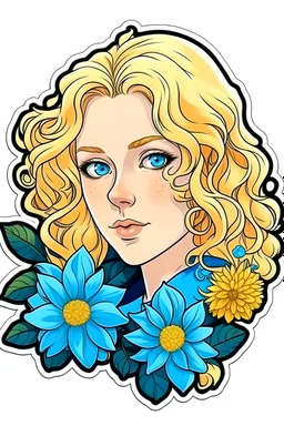 Sticker vrouw krullen bloemen in blond haar en blauwe ogen