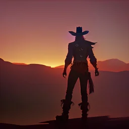 a sunsetting desert with a shadow of a "twisted fate" cowboy looking towards the distance back view illustrative high quality
