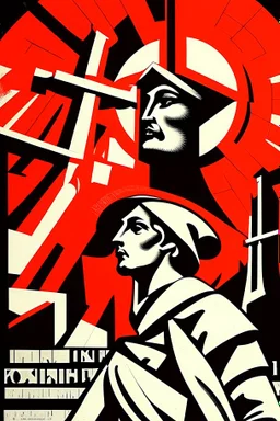 Puritan Propaganda; black and white with accents of orange-red; Socialist Realism; Constructivism