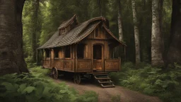 Gothic Two-story, wooden gipsy caravan on a pathway in dense woodland