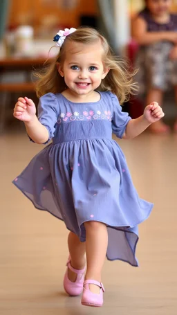 a pretty 3 years old girl with blue eyes and nice dress dancing and playing joyfully