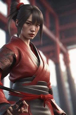 woman samurai red sword 3d render photo, cinematic