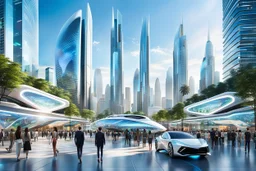 A futuristic scene depicting the bustling heart of a 2080 city center. The foreground features a diverse array of photorealistic individuals engaged with innovative, tech-enhanced elements - holographic displays, autonomous transportation, immersive public art. In the background, a panoramic vista of the larger city skyline - towering organic skyscrapers, elevated transit, verdant green spaces. Convey a sense of scale, depth and awe-inspiring technological wond