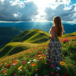 beautiful Green hills covered with flowers colorfull ,blue sky heavy clouds with godray ,very nice flowers at closeup ,wonderfull mountains at distance,beautiful lady standing at hills full body shot