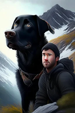 Escape to the mountains, Guy and cute realistic black dog