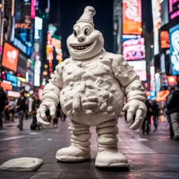 "CLAYMATION”, 50 foot colossal off-white mottled crepey clay evil Lovecraftian marshmallow man walking in Times Square at night, kinetic, clay figures, clay scenery, sinister whimsey, oddball masterpiece, claymation