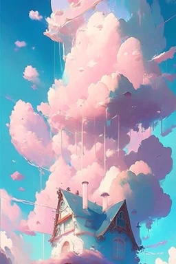 A whimsical dwelling delicately constructed entirely of real clouds evocative of a dreamy landscape floating somewhere between heaven and earth, Dreamy, Pastel colors, Vibrant lighting, Highly detailed, Digital painting, Artstation, Concept art, Magical, Sparkling, Enchanting, art by victoria skitt, pascal campion, Loish, Trending on deviantart.