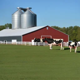 a modern Dairy barn, with concrete dairy siloes, grass in front with a Holstein cow.