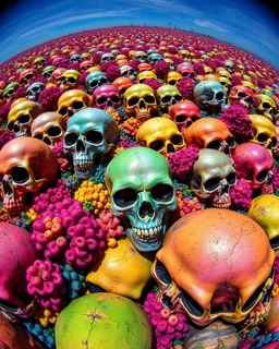 a field of skulls, multi colored, bright, vivid, psychedelic, high detailed, matte, bunches and bubbled up clumps, horrorcore, vines, unsettling contrast, through a fisheye lens