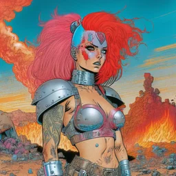 Pagina de revista estilo pulp. Una mujer egirl de pelo colorido con tatuajes fittnes en armadura plateada futurista en un estilo de comic de 1980 en un wasteland en montevideo con un volcan rojo.